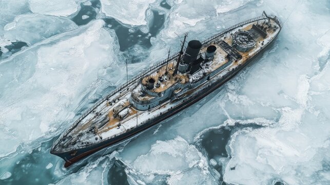 Aerial view of a large gunboat resting on ice, emphasizing the unique features of the large gunboat in a frozen landscape with ample photo space.