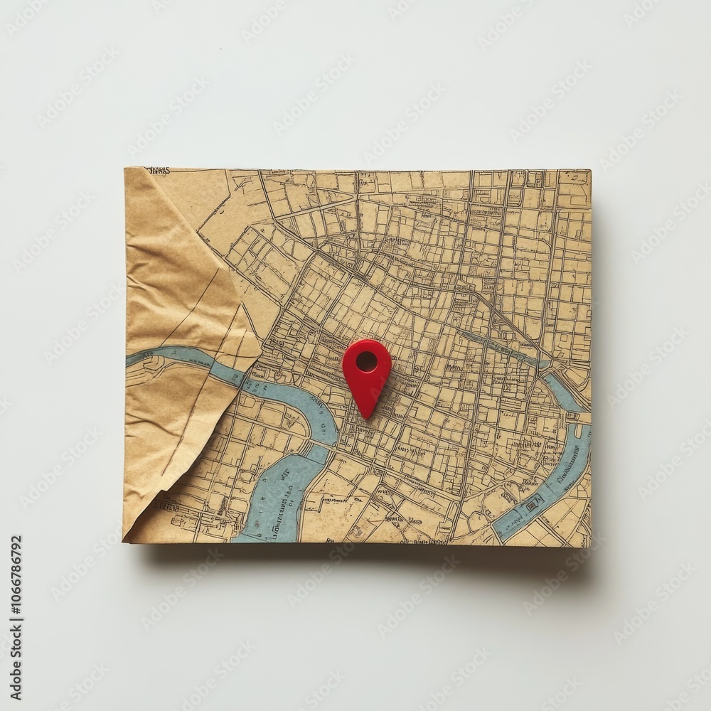 Poster A folded city map with a red pin marking a location.  This design represents GPS navigation and finding your way around.