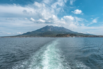 Sakurajima mountain, sea and blue sky background, Kagoshima, Kyushu, Japan