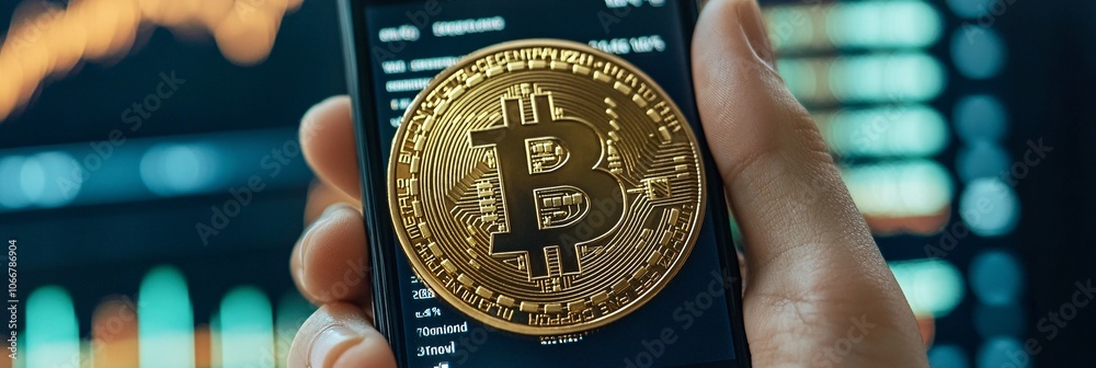 Poster Image of a hand scrolling through cryptocurrency market data on a mobile screen representing modern finance with side empty space for text