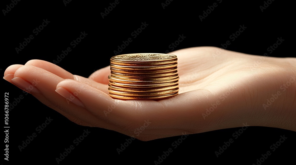 Poster close-up of a hand holding stacked coins, symbolizing wealth accumulation and financial growth with 