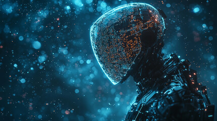 digital humanoid robot with glowing, holographic head, surrounded by futuristic atmosphere. intricate details and vibrant lights create captivating scene