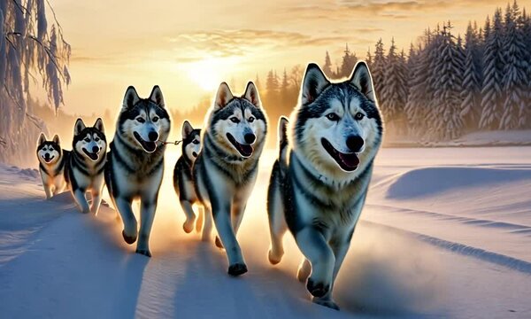 A joyful pack of huskies runs through the snowy landscape at sunrise, embracing the magic of winter in a beautiful forest setting
