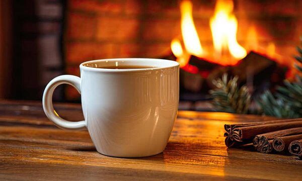 Cozy winter evening with a warm cup of tea by the crackling fireplace in a rustic cabin setting