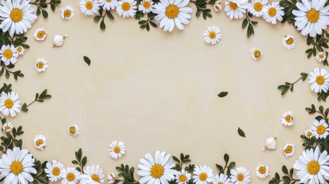 Floral Border Pattern with White and Yellow Flowers on Beige Background