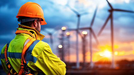 technician in safety helmet and reflective gear stands confidently in front of wind turbines at sunset, showcasing importance of renewable energy