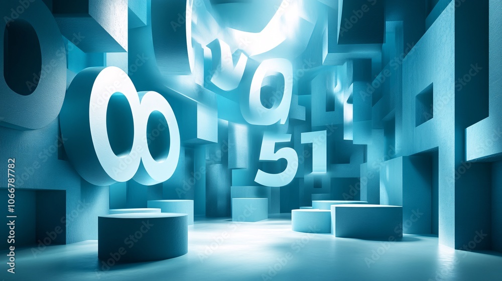 Poster Abstract numbers floating in mid-air, symbolizing financial uncertainty and market analysis with side empty space for text