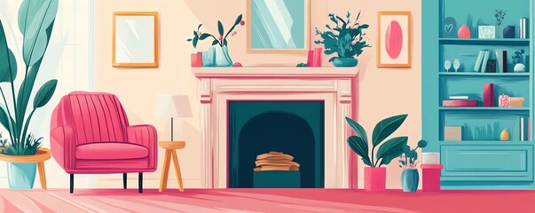 Holiday cleanup in cozy living room, organized seasonal decor on mantle, flat design illustration