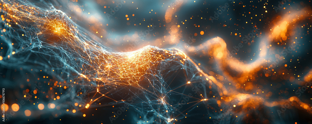 Poster glowing neural network visualization with interconnected nodes and vibrant colors, showcasing beauty