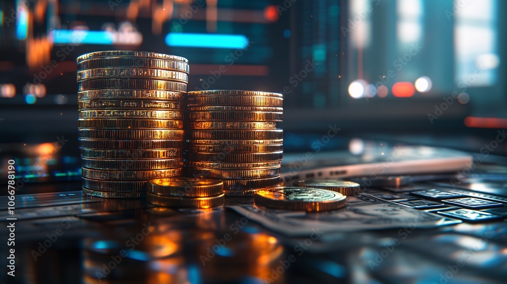 Poster Focused view of coins and dollar bills arranged in a stack, representing capital growth with side empty space for text