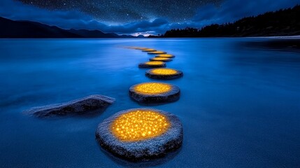 Mystical Stepping Stones Leading to Starry Night Sky Over Calm Water