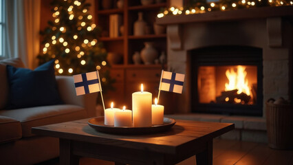 A warm and inviting winter evening features candles, Finnish flags, and a beautifully decorated Christmas tree beside a cozy fireplace