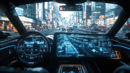 Obraz premium Futuristic vehicle interior with holographic controls and city view. advanced dashboard displays digital information, enhancing driving experience in vibrant urban environment