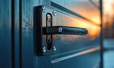 A close-up of a modern door handle with a sunset in the background. - Powered by Adobe