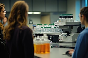 Obraz premium A woman works in a lab with vials of liquid. This photo depicts a woman working in a scientific lab.