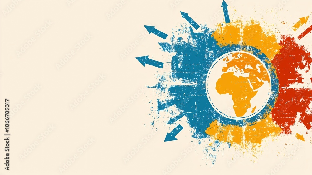 Poster Abstract graphic showing global economy with circular charts and growth arrows, representing economic progress with side empty space for text