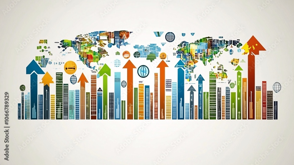Poster Abstract graphic showing global economy with circular charts and growth arrows, representing economic progress with side empty space for text