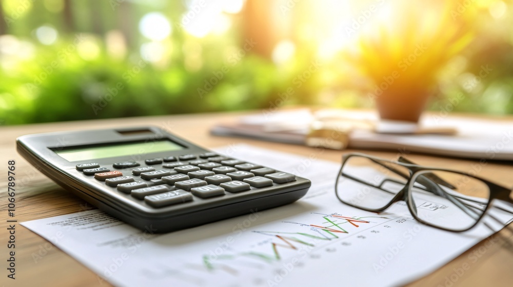 Poster Calculator next to documents with charts showing profits and losses, representing financial analysis with side empty space for text