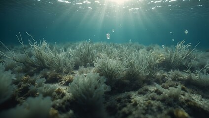 Fototapeta premium Underwater scene with microscopic plankton and aquatic vegetation illuminated by sunlight