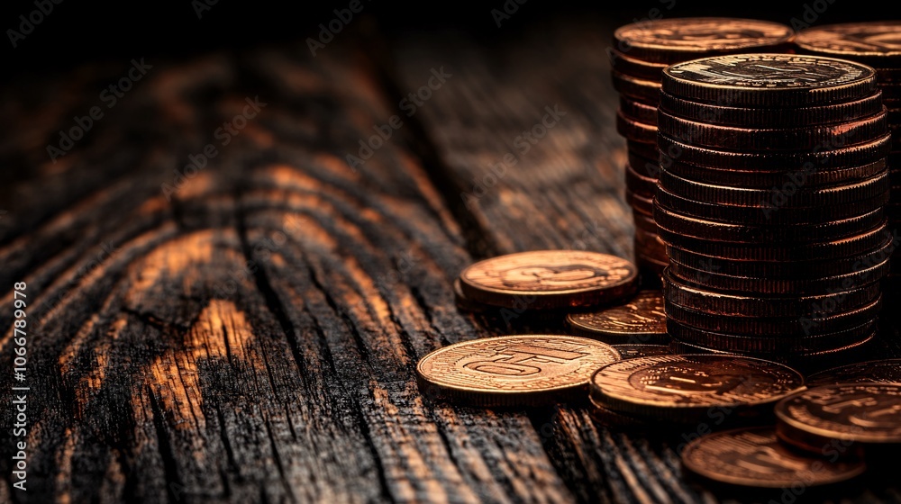 Aufkleber image of financial statements with coins stacked nearby, representing income and growth with side em