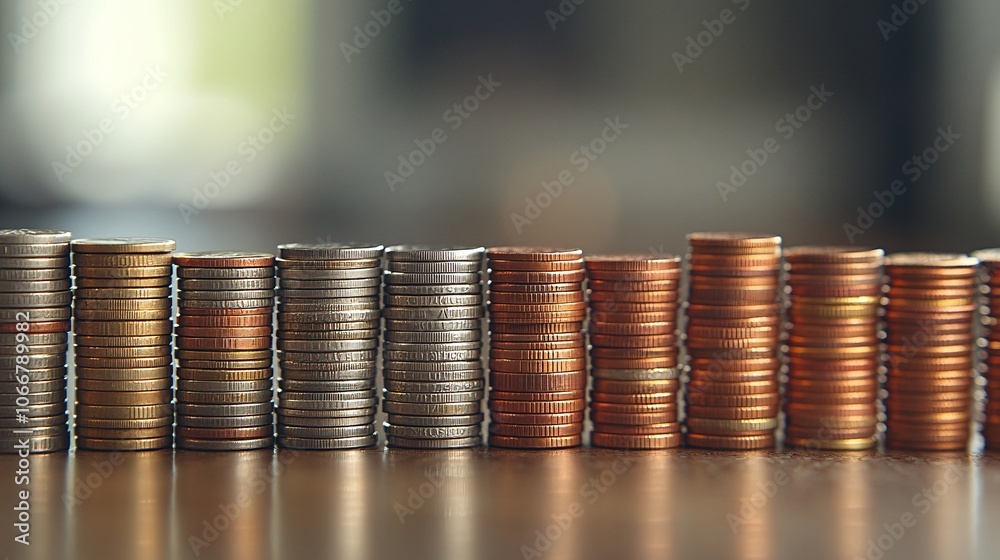 Poster image of financial statements with coins stacked nearby, representing income and growth with side em