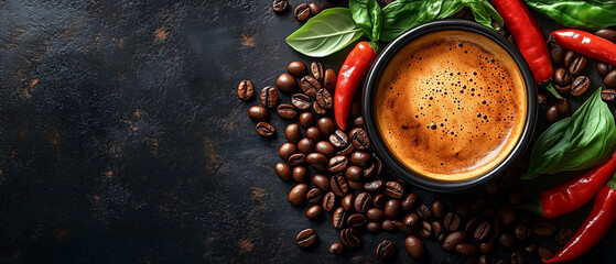 Cup of coffee with foam, surrounded by coffee beans, red chili peppers, and basil leaves on a dark background