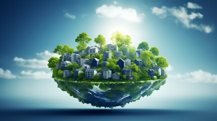 Floating eco-community above tranquil waters with lush greenery under a bright sky