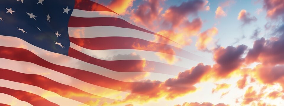 American flag waving against dramatic sunset sky. patriotic event, Independence Day celebration, Memorial Day tribute, political campaign, veteran organization, government website, military ceremonie,