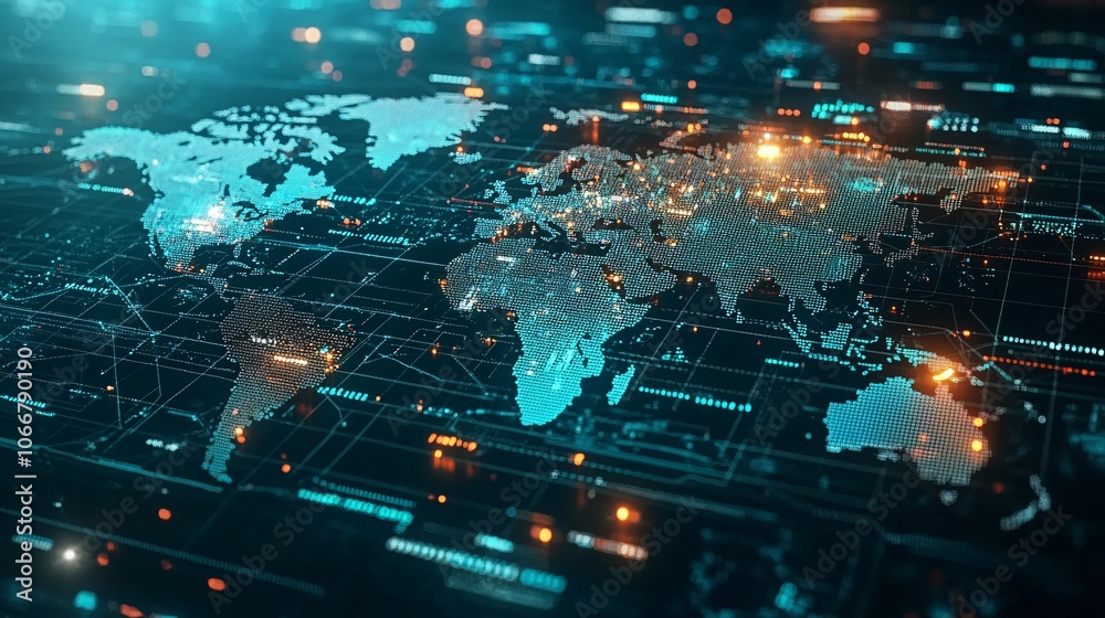 Poster abstract digital currency icons surrounding a world map, representing international trade and financ
