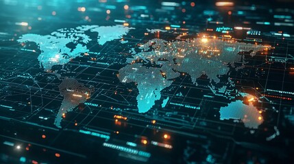 Obraz premium Abstract digital currency icons surrounding a world map, representing international trade and finance with side empty space for text