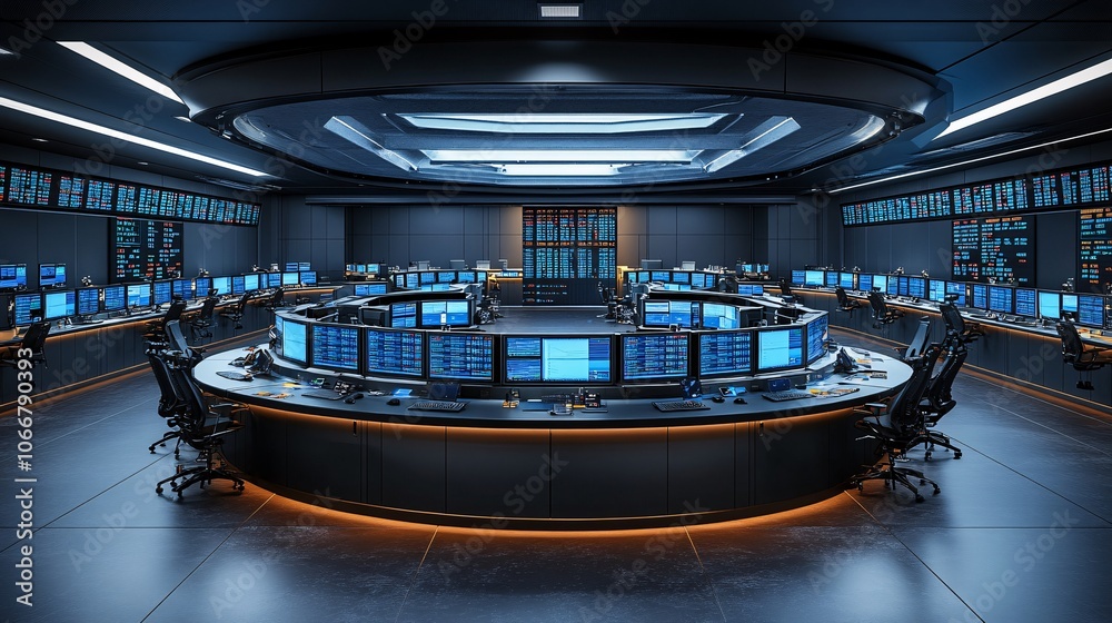 Poster wide view of stock trading floor with digital price boards, symbolizing active market trading with s