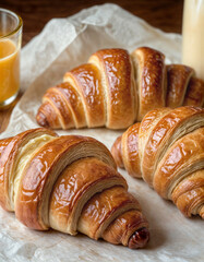 Fresh baked croissant with butter coffee for breakfast