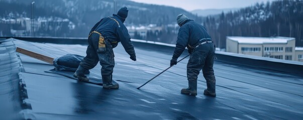 Obraz premium Roofers expertly applying weatherproofing material to ensure durability on a flat roof installation.