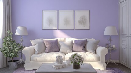 White Sofa and Decor in a Lavender Room