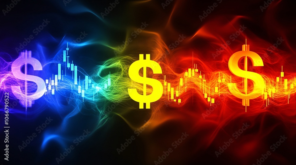 Poster Abstract symbols for currency and stocks with trend lines, representing global market dynamics with side empty space for text