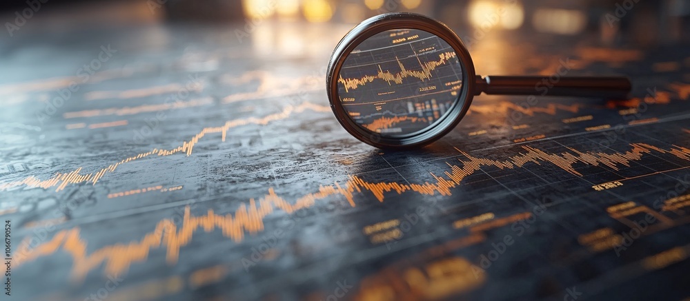 Poster Image of a magnifying glass over financial charts and data, representing detailed analysis with side empty space for text