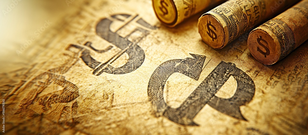 Poster Abstract symbols for currency and stocks with trend lines, representing global market dynamics with side empty space for text