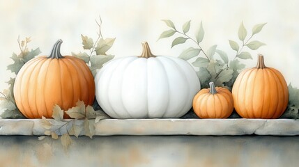 A serene autumn display featuring a variety of pumpkins—two orange and one white—surrounded by gentle foliage on a muted background.