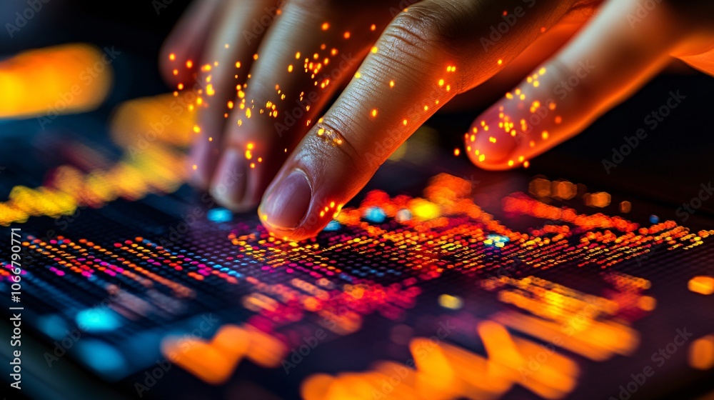 Poster Close-up of hands using a calculator with market data on screen, symbolizing financial budgeting with side empty space for text