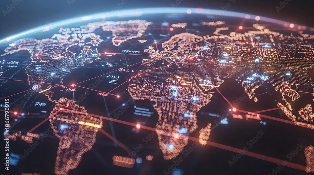 Poster World map with currency icons and connecting lines, representing interconnected finance with side empty space for text