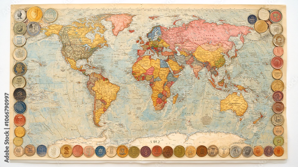 Leinwandbilder World map with currency icons and connecting lines, representing interconnected finance with side empty space for text