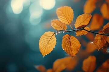 Obraz premium Yellow leaves on a branch with blue bokeh. This image is perfect for adding a touch of autumn beauty to your website or design project.