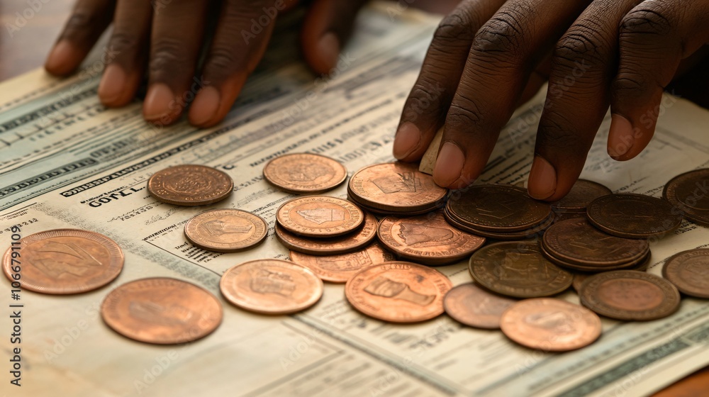 Poster Close-up of hands holding stock certificates and coins, symbolizing ownership and investment with side empty space for text
