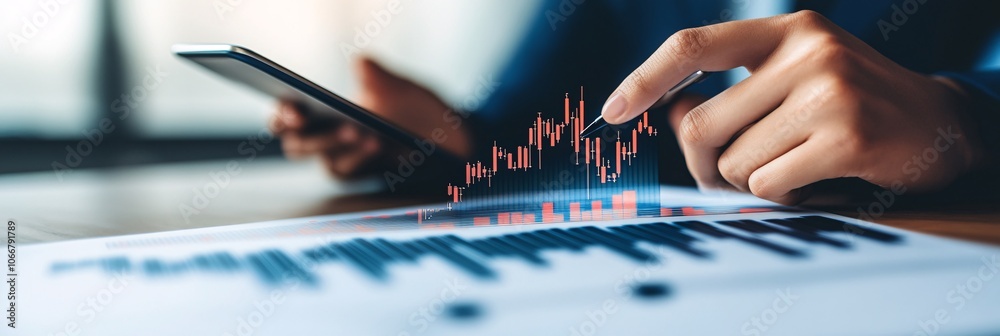 Poster Close-up of hands using a tablet and smartphone displaying real-time market data and global financial trends, symbolizing remote finance management with empty space for text