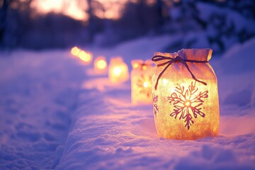 Softly glowing lanterns with snowflake patterns light a snowy pathway during twilight in a serene winter setting