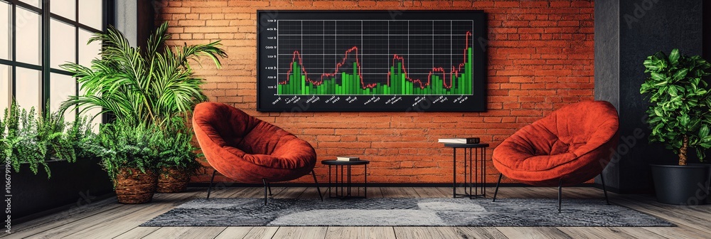 Poster group of investors in a modern office discussing a financial growth strategy with screens showing gl