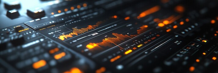 Detailed view of a futuristic dashboard with live blockchain data and market analytics, illustrating innovation in finance and investment strategies with empty space for text