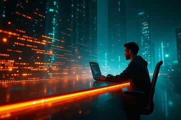 Man surfing the internet. Digital technologies, databases, big data processing, futuristic technological background - generative AI