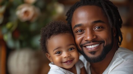 Fototapeta premium Smiling father holding baby daughter, closeup portrait of happy family moment, joyful parenting, father and child bond, indoors, fatherhood, love, togetherness, warmth