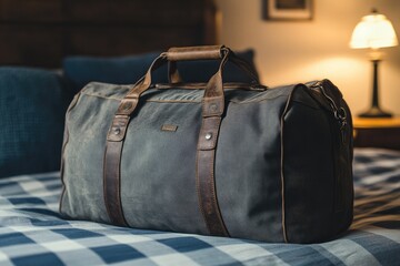 A grey canvas duffel bag with leather straps. This photo showcases the classic design and durability of a duffel bag, perfect for travel or weekend getaways.